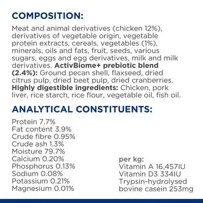 Összetétel és analitikai összetevők: csirke 12 %, zsírtartalom 3,9 %, fehérje 7,7 %, rost 0,95 %, hamu 1,3 %, nedvesség 79,7 %, vitamin A 16 457 IU, D3 334 IU, további részletek a képen.