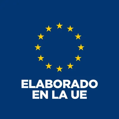 Texto: ELABORADO EN LA UE, bajo círculo de estrellas amarillas sobre fondo azul. Indica origen del producto en la Unión Europea.
