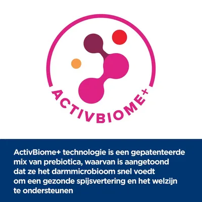 ActivBiome+ technologie is een gepatenteerde mix van prebiotica, voedt het darmmicrobioom snel voor gezonde spijsvertering en welzijn. ActivBiome+ zichtbaar in beeld.
