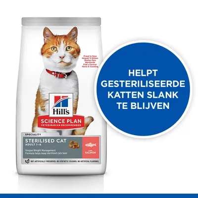 Hill's Science Plan Sterilised Cat Adult 1-6 met zalm. Helpt gesteriliseerde katten slank te blijven. Unieke gewichtsbeheersingsformule. Geen kunstmatige conserveringsmiddelen.