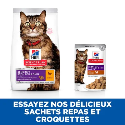Hill's Science Plan Sensitive Stomach & Skin Adult 1+ pour chats, croquettes au poulet et sachet repas à la dinde. Texte : Essayez nos délicieux sachets repas et croquettes.
