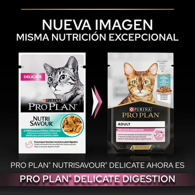 Cambio de imagen del producto Purina Pro Plan para gatos: Nutrisavour Delicate ahora es Pro Plan Adult Delicate Digestion. Misma nutrición excepcional según el texto visible.
