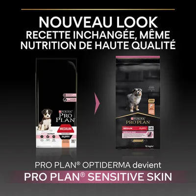 Annonce du nouveau look pour Purina Pro Plan Medium Puppy Sensitive Skin, recette inchangée. Pro Plan Optiderma devient Pro Plan Sensitive Skin. Deux sacs visibles.
