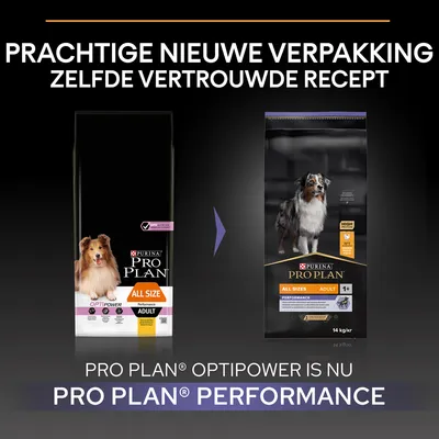 Purina Pro Plan hondenvoer: oude verpakking 'Optipower' en nieuwe verpakking 'Performance'. Tekst: Prachtige nieuwe verpakking, zelfde vertrouwde recept. Optipower is nu Performance.