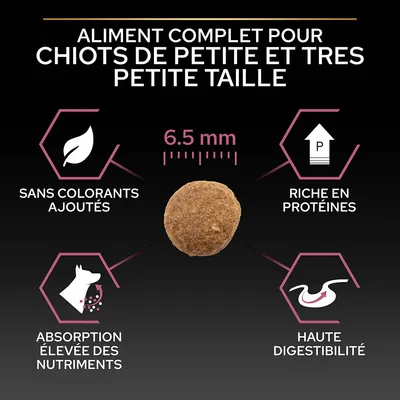 Aliment complet pour chiots de petite et très petite taille, croquette 6,5 mm, sans colorants ajoutés, riche en protéines, absorption élevée des nutriments, haute digestibilité.