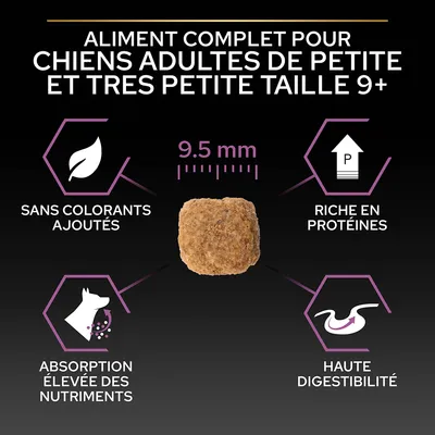 Aliment complet pour chiens adultes de petite et très petite taille 9+, croquette 9,5 mm, sans colorants ajoutés, riche en protéines, absorption élevée des nutriments, haute digestibilité.