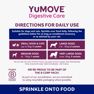 Daily use directions: sprinkle over food. Small dogs and cats up to 5kg, half sachet; medium dogs 6-15kg, 1 sachet; large dogs 16-35kg, 2 sachets; very large dogs over 35kg, 3 sachets.