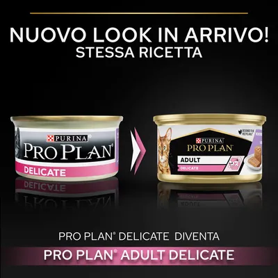 Nuovo look in arrivo! Stessa ricetta. Pro Plan Delicate diventa Pro Plan Adult Delicate. Immagine di due confezioni Purina Pro Plan per gatti, vecchia e nuova versione.