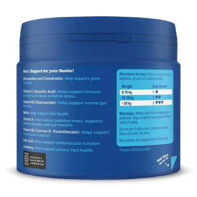 Feeding guide shows daily amounts by weight: 0-15kg, 1 piece; 15-30kg, 2 pieces; over 30kg, 3 pieces. Key ingredients and their health benefits are listed. Warnings and usage directions included.