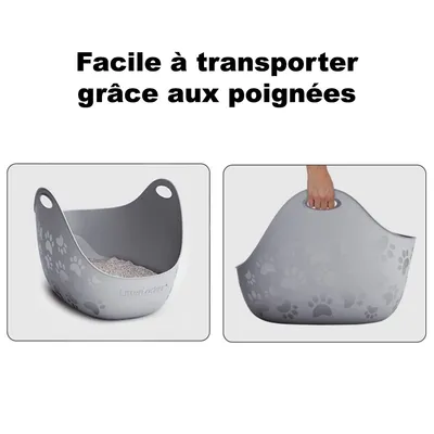 Bac gris LitterLocker avec motifs de pattes, poignées intégrées. Texte visible : Facile à transporter grâce aux poignées.