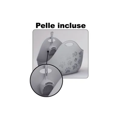 Bac à litière en plastique gris avec motifs de pattes et pelle incluse, texte visible : Pelle incluse
