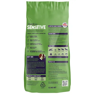 Product packaging shows feeding guide for adult dogs, key benefits like prebiotics and vitamins, recipe made without wheat, maize, soya, eggs, beef or dairy, and contact details.