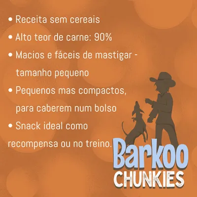 Receita sem cereais, alto teor de carne 90 %, macios e fáceis de mastigar, pequenos e compactos, snack ideal como recompensa ou treino. Barkoo Chunkies.