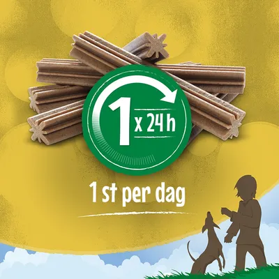Bild på tuggpinnar med text: 1 x 24 h, 1 st per dag. Illustration av person och hund längst ner till höger.