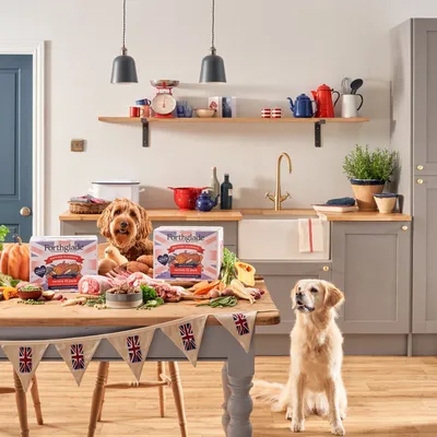 Kitchen scene with two boxes of Forthglade British Classics pet food on a table surrounded by fresh ingredients and two dogs, highlighting product variety and natural ingredients.