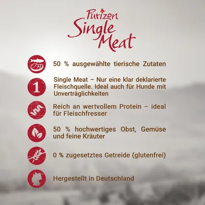 Purizon Single Meat. 50 % ausgewählte tierische Zutaten, Single Meat – Nur eine klar deklarierte Fleischquelle, reich an wertvollem Protein, 0 % zugesetztes Getreide, hergestellt in Deutschland.