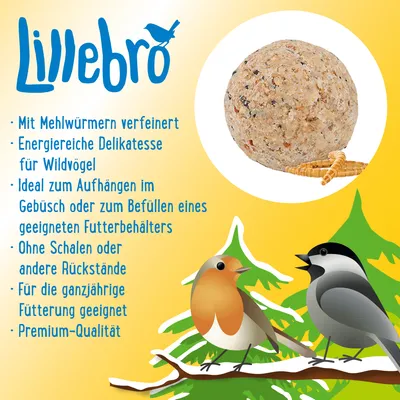 Lillebro. Obogatena z mokarji, energijska poslastica za prostoživeče ptice, primerna za obešanje ali polnjenje krmilnice, brez lupin, primerna za celoletno uporabo, premium kakovost.
