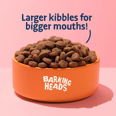 Bowl of kibble with text stating 'Larger kibbles for bigger mouths' and the brand name Barking Heads on the bowl.