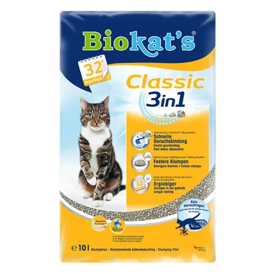 Biokat's Classic 3in1 klumpende kattegrus, 32 Tage/Days, Schnelle Geruchsbindung, Festere Klumpen, Ergiebiger. Billede af kat og grus på emballagen. 10 l.