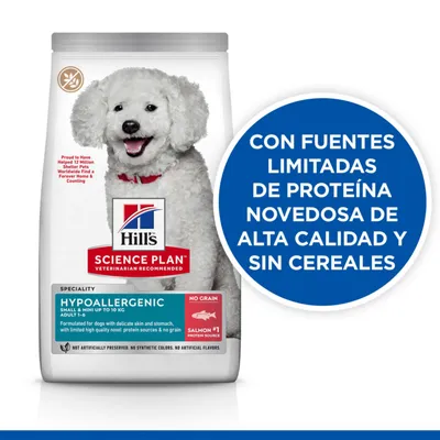 Hill's Science Plan Hypoallergenic para perros pequeños, salmón como fuente principal de proteína, sin cereales. Texto: Con fuentes limitadas de proteína novedosa de alta calidad y sin cereales.