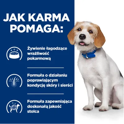 Jak karma pomaga: żywienie łagodzące wrażliwość pokarmową, formuła poprawiająca kondycję skóry i sierści, formuła zapewniająca doskonałą jakość stolca.