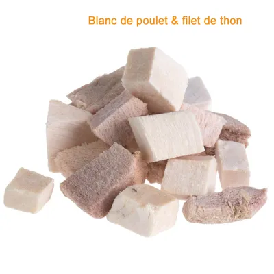 Morceaux de blanc de poulet et filet de thon, texte visible : Blanc de poulet & filet de thon. Cubes de viande claire et rosée sur fond blanc.
