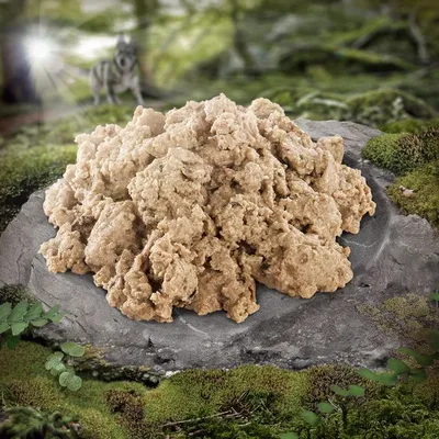 Primo piano di cibo umido per animali su una pietra, circondato da paesaggio boschivo. Sullo sfondo un lupo in ambiente naturale.