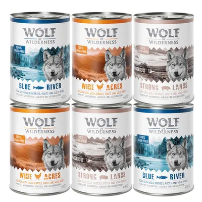 Lot de 6 boîtes Wolf of Wilderness 400 g : Blue River, Wide Acres, Strong Lands. Textes visibles : 100 % grain-free, Fish/Chicken/Pork with wild berries, roots and wild herbs.