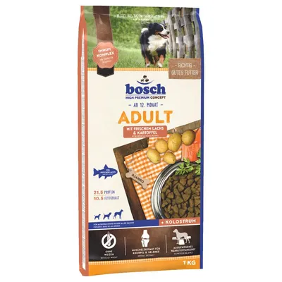 bosch ADULT mit frischem Lachs & Kartoffel, сухой корм для взрослых собак, 21,5 % протеин, 10,5 % жир, без пшеницы, 1 кг. Видны картофель, миска с кормом, логотипы и значки.