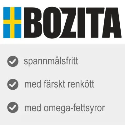 BOZITA. Spannmålsfritt, med färskt renkött, med omega-fettsyror.