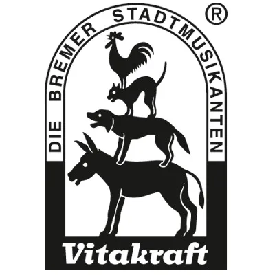 Vitakraft, Die Bremer Stadtmusikanten. Illustration av en åsna, hund, katt och tupp staplade på varandra. Texten är på tyska.
