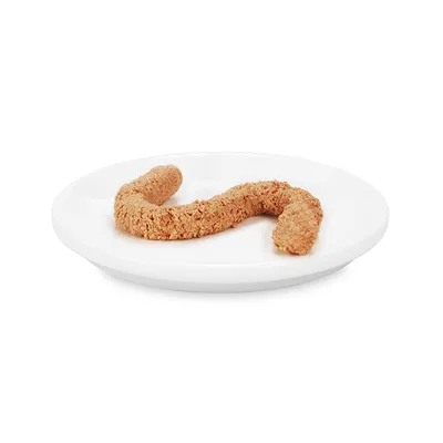 Tvarované mokré krmivo na bílém talíři, hnědá barva a měkká konzistence.