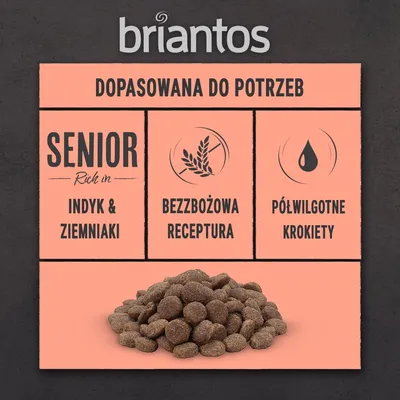 briantos SENIOR indyk & ziemniaki, bezzbożowa receptura, półwilgotne krokiety; widoczne ciemne granulki karmy na tle pomarańczowym