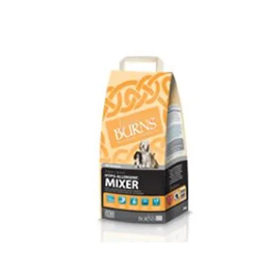 Burns Mixer hundefoder i papæske med håndtag, tekst: Burns, Mixer. Billede af hund på forsiden. Flere ikoner og information synlig på emballagen.