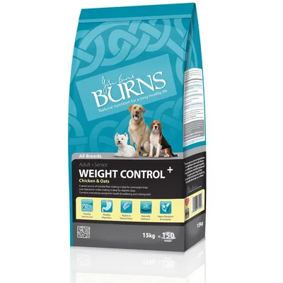 Burns Weight Control+ Chicken & Oats hundefoder, 15 kg. Tekst: Adult Senior, All Breeds, 150 meals. Ikoner for sund hud, fordøjelse, fibre, naturlig smag, hypoallergenisk.