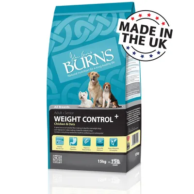 Burns Weight Control+ Chicken & Oats hundefoder, 15 kg, Adult Senior, All Breeds. Tekst: Made in the UK. Billede af tre hunde på pakken. 150 måltider angivet.