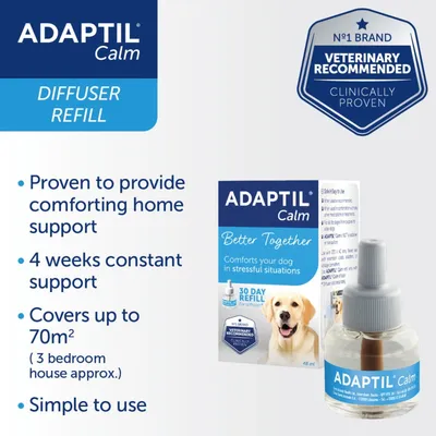 Adaptil Calm diffuser refill, proven to provide comforting home support for 4 weeks, covers up to 70 square metres, simple to use, veterinary recommended and clinically proven.