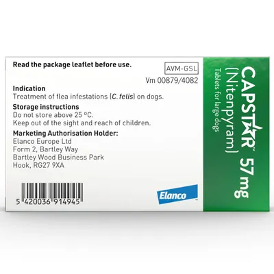 Capstar 57mg tablets for large dogs. Indication: treatment of flea infestations on dogs. Storage: do not store above 25°C, keep out of reach of children. Read leaflet before use.