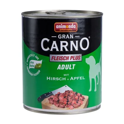 Консерва Animonda Gran Carno Fleisch Plus Adult, етикет с текст: mit Hirsch + Apfel, изображение на нарязано месо и ябълка, силует на куче.