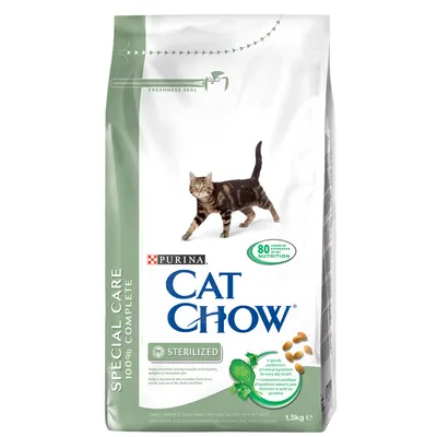 Pachet hrană uscată pentru pisici Purina Cat Chow Sterilized, Special Care 100% Complete, 1,5 kg. Text vizibil: 80 years of experience in nutrition, sterilized, specific combination of natural ingredients.
