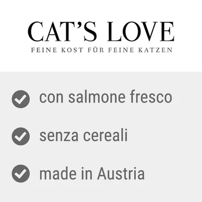 CAT'S LOVE, FEINE KOST FÜR FEINE KATZEN. con salmone fresco, senza cereali, made in Austria.