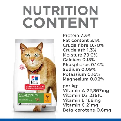 Nutrition content: protein 7.3%, fat 3.1%, crude fibre 0.70%, crude ash 1.3%, moisture 79.0%, calcium 0.18%, phosphorus 0.14%, sodium 0.09%, potassium 0.16%, magnesium 0.02%.