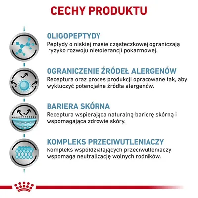 Cechy produktu: oligopeptydy, ograniczenie źródeł alergenów, bariera skórna, kompleks przeciwutleniaczy. Opisy dotyczą wsparcia zdrowia skóry i ograniczenia nietolerancji pokarmowej. Cechy produktu: oligopeptydy, ograniczenie źródeł alergenów, bariera skórna, kompleks przeciwutleniaczy. Opisy dotyczą wsparcia zdrowia skóry i ograniczenia nietolerancji pokarmowej.