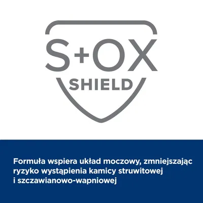 S+OX Shield. Formuła wspiera układ moczowy, zmniejszając ryzyko wystąpienia kamicy struwitowej i szczawianowo-wapniowej.
