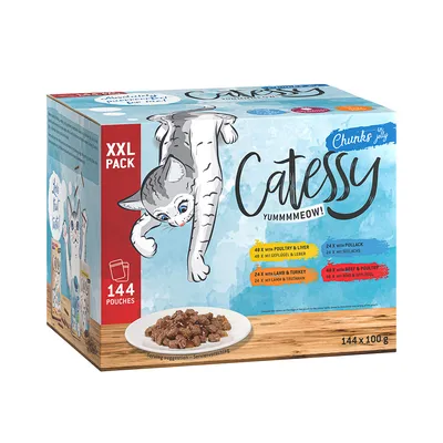 Catessy Chunks in Jelly XXL pakiranje, 144 vrećice po 100g. Okusi: perad i jetra, janjetina i puretina, polak, oslić, govedina i perad. Prikazan prijedlog serviranja.