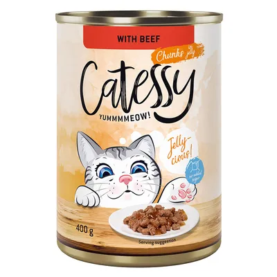 Catessy Chunks in Jelly mit Rind, 400g Dose. Text: Jelly-cious! Keine Zuckerzusätze. Serviervorschlag mit Fleischstücken auf Teller.