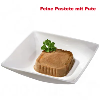 Feine Pastete mit Pute (texte en allemand) affiché au-dessus d’une pâtée carrée à la dinde dans une assiette blanche, décorée de persil frais.