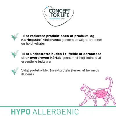 CONCEPT FOR LIFE VETERINARY DIET. Til at reducere produktion af produkt- og næringsstofintolerance, støtte hud ved dermatoser eller hårtab, insekprotein som proteinkilde. HYPO ALLERGENIC.