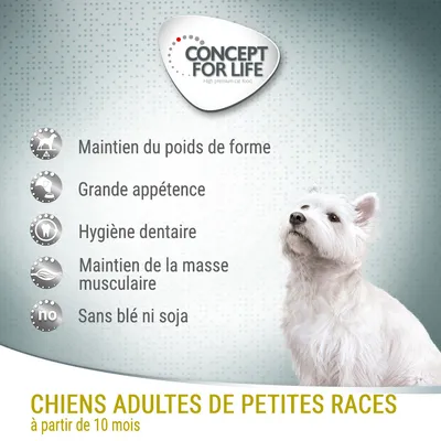 Concept for Life. Chiens adultes de petites races à partir de 10 mois. Maintien du poids de forme, grande appétence, hygiène dentaire, masse musculaire, sans blé ni soja.