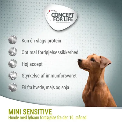 CONCEPT FOR LIFE. Kun én slags protein, optimal fordøjelsessikkerhed, høj accept, styrkelse af immunforsvaret, fri fra hvede, majs og soja. MINI SENSITIVE Hunde med følsom fordøjelse fra den 10. måned.